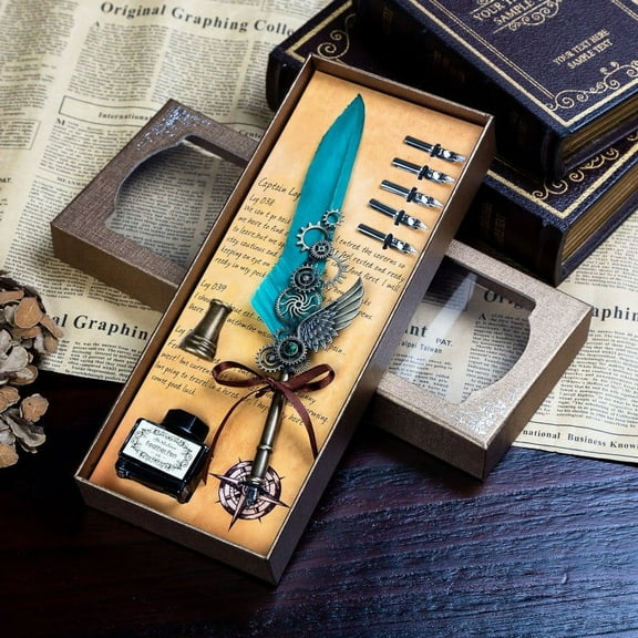 BAOPAI Antique Style Mechanical Wing Feather Quill Pen Set with Carved Base and Multiple Nibs for Calligraphy Writing Holiday Birthday Gift Box