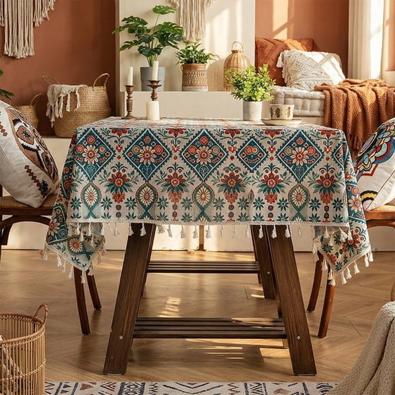 BAOPAI Bohemian Ethnic Print Tablecloth With Fringe Tassel Dirt Resistant For Dining Room Living Room Party Decorations And Gift Ideas