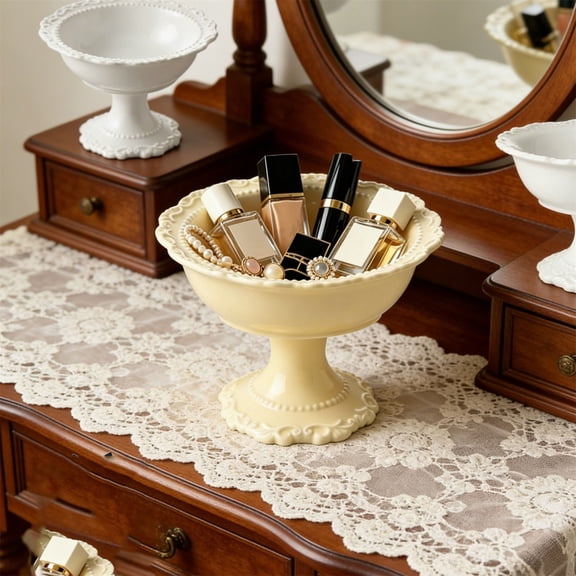 BAOPAI Ceramic Lip Gloss Bowl- Elegant Vintage Jewelry Tray with Scalloped Edges and Beaded Detailing, Multipurpose Vanity Organizer for Dresser and Bathroom Decor