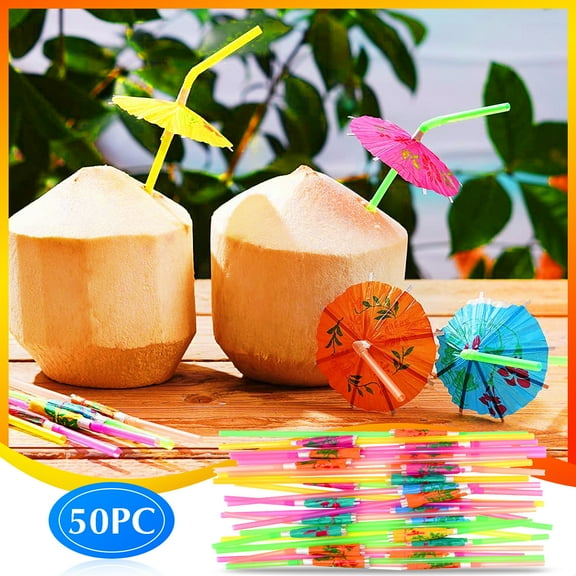 BAOPAI Disposable Plastic Drinking Straws with Umbrella Top for Luau Parties and Summer Events BPA Free Works with Hot and Cold Beverages