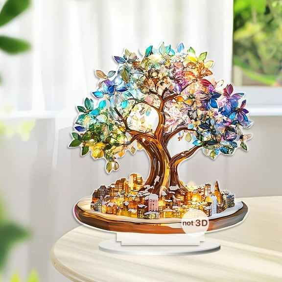 BAOPAI Dream Color Tree Town 2D Flat Acrylic Ornament for Home Decoration Porch Desktop and Living Room Art Display