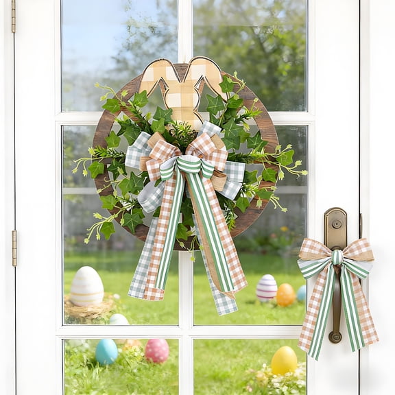 BAOPAI Easter Bunny Wreath Wooden Holiday Decor for Front Door Wall Hanging Suitable for Easter Thanksgiving Home Decoration