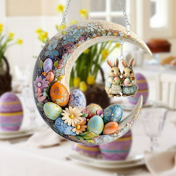 BAOPAI Easter Crescent Moon with Colorful Flowers and Rabbits 2D Acrylic Hanging Ornament for Home Window Decoration That Brightens Your Space