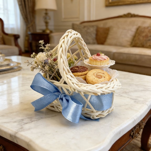 BAOPAI Easter Woven Flower Basket Handmade Rattan Decor With Bow Storage For Eggs And Small Items