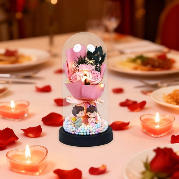 BAOPAI Everlasting Soap Flower Bouquet in Glass Dome with LED Lights - Good Birthday Gift for Her Winter Home Decor Arrangement