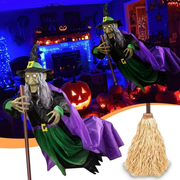 BAOPAI Flying Hovering Witch Outdoor Decoration with Sound and Light Effects Animated Prop for Spooky Home Decor