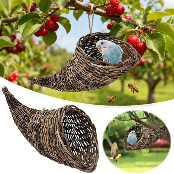 BAOPAI Hand-Woven Natural Rattan Horns-Shaped Bird Nest Hanging Rest Shelter for Finches Canaries and Small Wild Birds with Adjustable DIY Entrance