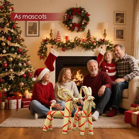 BAOPAI Handmade Swedish Straw Goats with Red Ribbon Natural Scandinavian Yule Decorations for Indoor Outdoor Home Garden Party Tradition