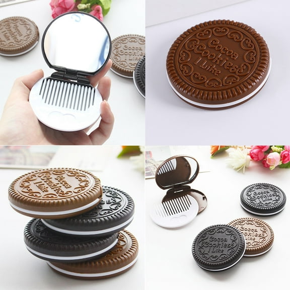 BAOPAI High-End Biscuit Shaped Compact Mirror With Comb Portable Lightweight Travel Pocket Mirror That Stands On Desk Cute Novelty Gift For Adults