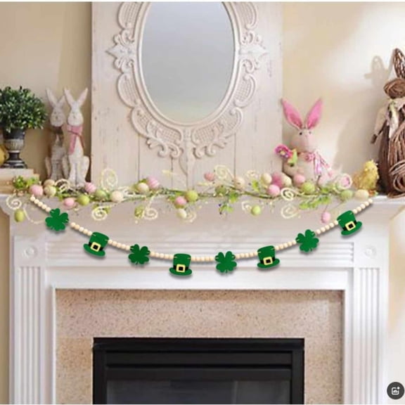 BAOPAI Wooden Bead Photo Display String with Tassels for St. Patrick's Day Home Decor Fireplace Mantel Personalized Artwork Hanging