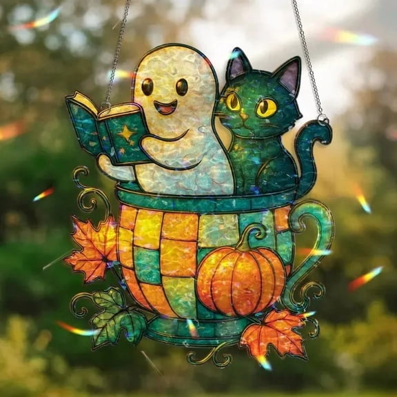 BAOPAI Holographic Ghost Cats Suncatcher Stained Glass Effect Rainbow Reflections Home Decorations Gift for Book Lovers