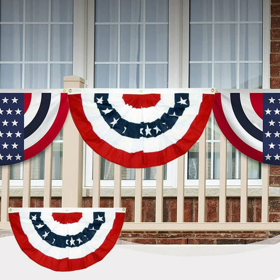 BAOPAI Independence Day Fan Shape Scalloped Flag Stars and Stripes Printed for Yard Fence Hanging Indoor Outdoor Decoration with Canvas Header and Metal Grommets
