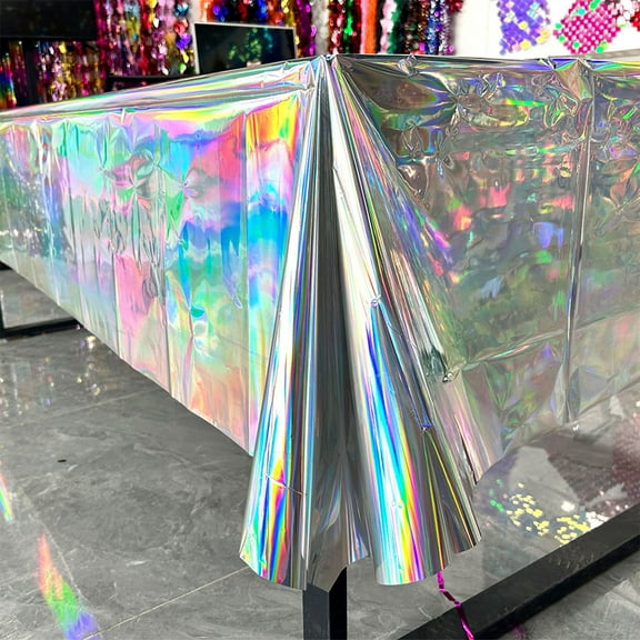 BAOPAI Iridescents Tablecloths Shiny Disposable Lasers Rectangle Table Covers Holographic Foil Tablecloth Iridescents Party Decoration