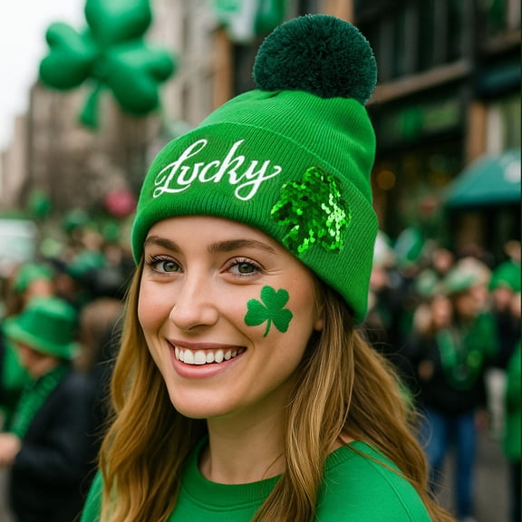 BAOPAI Irish Embroidered Knitted Cap for St.Patrick's Day Celebration Warm Winter Beanie Hat with Festive Design for Parades Parties and Daily Use