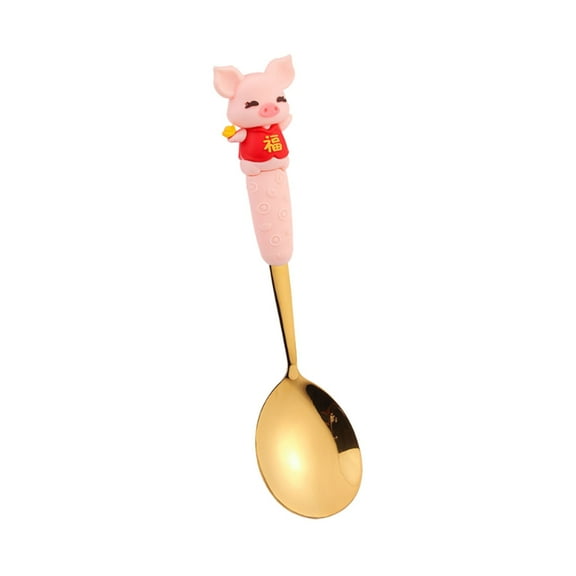 BAOPAI Kids Fork and Spoon Set with Adorable Pig Design Soft Silicone Handle Training Utensils for Toddlers Self Feeding