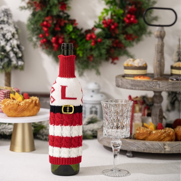 BAOPAI Knitted Alphabet Wine Bottle Sleeves for Advent Decor DIY Monogrammed Covers in Red White Stripes