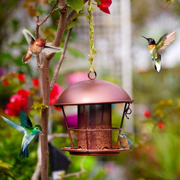 BAOPAI Large Capacity Metal Bird Feeder with Weatherproof 7.5in Roof and Easy Disassembly for Outdoor Hanging Holds 2.3lb Quick Refill Design
