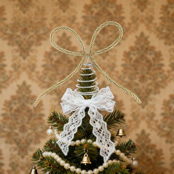 BAOPAI Large Tree Topper Bow with Sparkling Rhinestones and Spring Base Secure Fit Durables Iron Decoration for Festive Home Party
