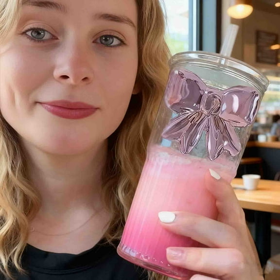 BAOPAI Luxury Glass Straw Cup with Elegant Bow 20oz Large Capacity Temperature Retention for Hot and Cold Beverages Ideal for Winter Use