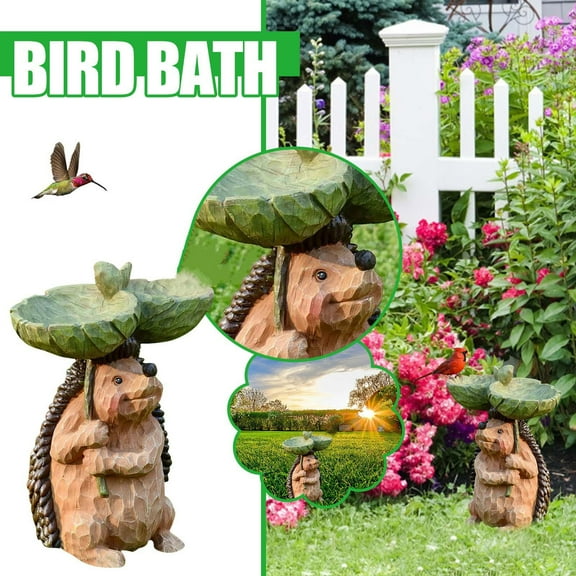 BAOPAI Outdoor Garden Bird Bath and Feeder with Decorative Hedgehog and Sunflower Design Weather-Resistant Resin Construction for Durable Use