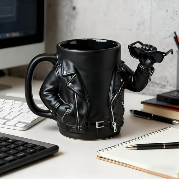 BAOPAI Personalized Biker Jacket Design Coffee Mug with Leather and Sunglasses Detail Trendy and Cool Gift for Motorcycle Enthusiasts and Coffee Lovers