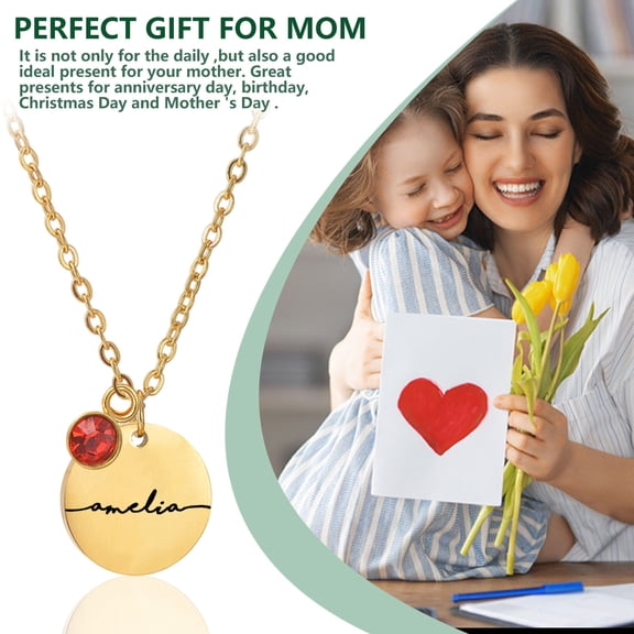 BAOPAI Personalized Engraved Mirror Titanium Steel Necklace Round Pendant with Birthday Stone Perfect Gift for Valentine's Day
