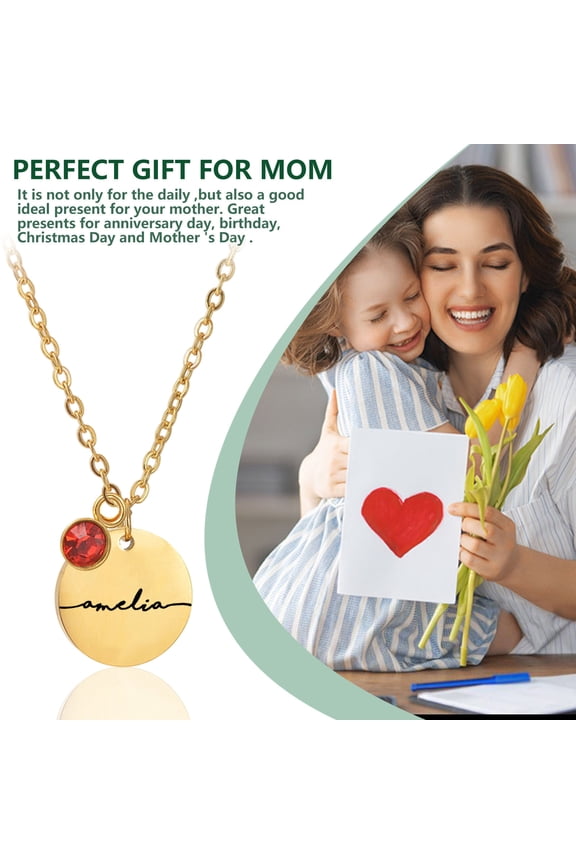 Personalized Engraved Mirror Titanium Steel Necklace Round Pendant with Birthday Stone Perfect Gift for Valentine's Day