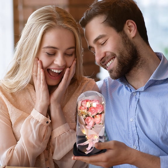 BAOPAI Preserved 7 Roses and Baby's Breath Bouquet in Glass Dome with LED Light - Romantic Valentine's Day Gift Anniversary Present Home Decorations Centerpiece
