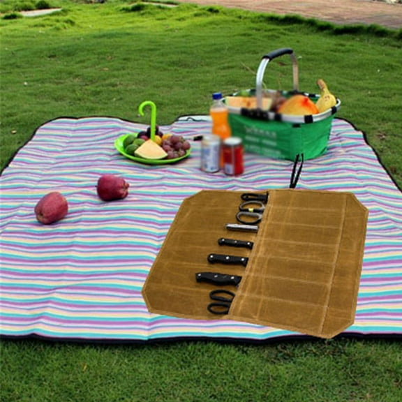 BAOPAI Professional Wet Waxed Canvas Knife Roll Tool Bag With 7 Slots For Chefs Outdoor Camping Barbecue Kitchen Portable Storage