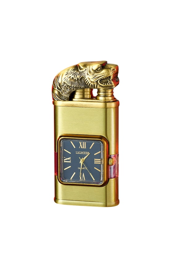 Quartz Watch Dial Double Flame Lighter with Metal Relief Direct Blue Flame Windproof Design and Transparent Fuel Window - Elegant and Practical for Gifts