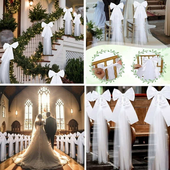 BAOPAI Satin Bow Tulle Chair Decorations White Nylon Spandex 15.7x7.9in Bow 23.62in Netting For Wedding Party Home Christmas Decor