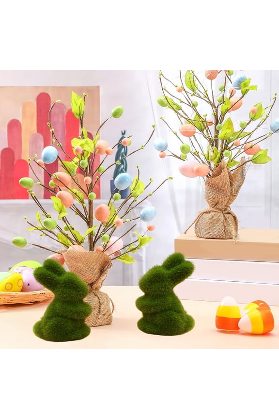 Simulated Moss Easter Bunny Decoration Cute Desktop Ornament for Home Living Room Party Gift and Springtime Decor