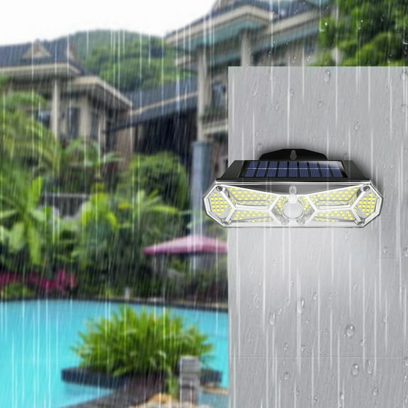 BAOPAI Solar Lights Outdoor Motion Sensor with Remote Control 4 Heads Security LED Flood Light 270 Degree Wide Angle Illuminations IP65 Waterproof for Home Security