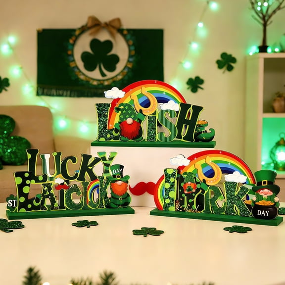 BAOPAI St Patricks Day Table Decoration Set Wooden Irish Themed Centerpieces with Leprechaun and Rainbow Designs for Holiday Dinner Party Decor