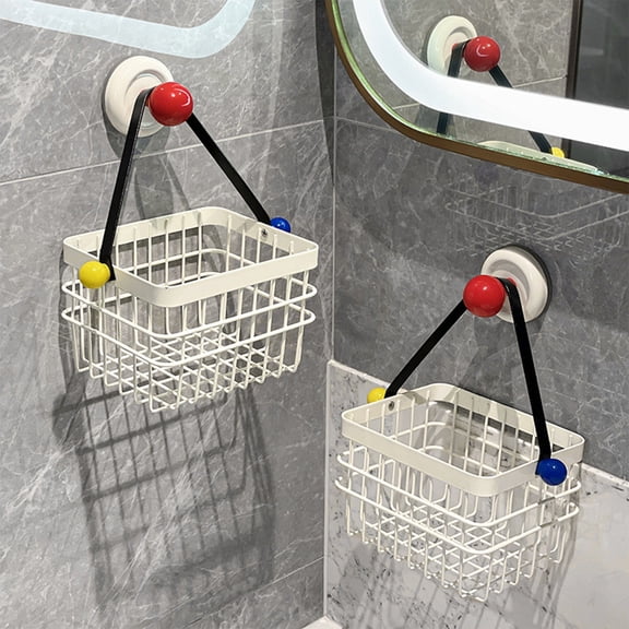 BAOPAI Suction Cup Wall Mounted Storage Basket Organizer for Bathroom and Kitchen No Drill Installation Hanging Mesh Rack with Decorative Balls