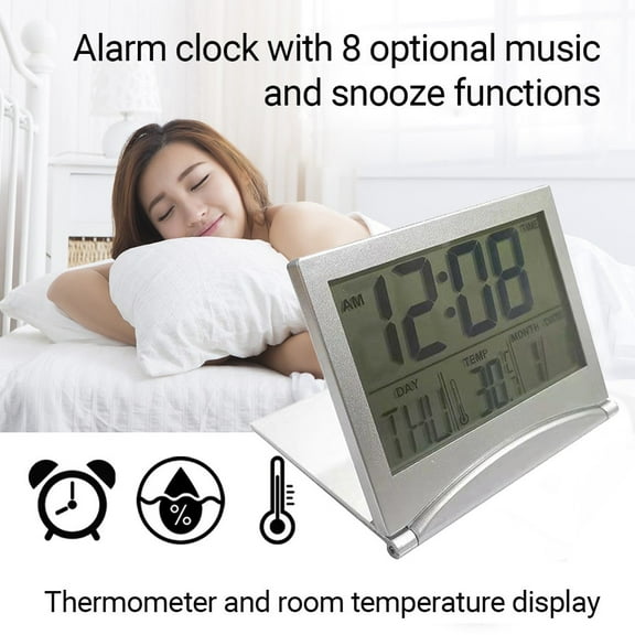 BAOPAI Ultra Slim Folding Digital LCD Alarm Clock with Calendar Temperature Display Multiple Music Alarms Snooze Function for Travel Desktop Home Use