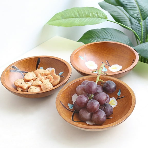 BAOPAI Unique Hand Painted Wooden Peach Blossom Fruit Platter Retro Vintage Style Round Serving Tray for Home Kitchen Cafe Tea Coffee Shop Decor