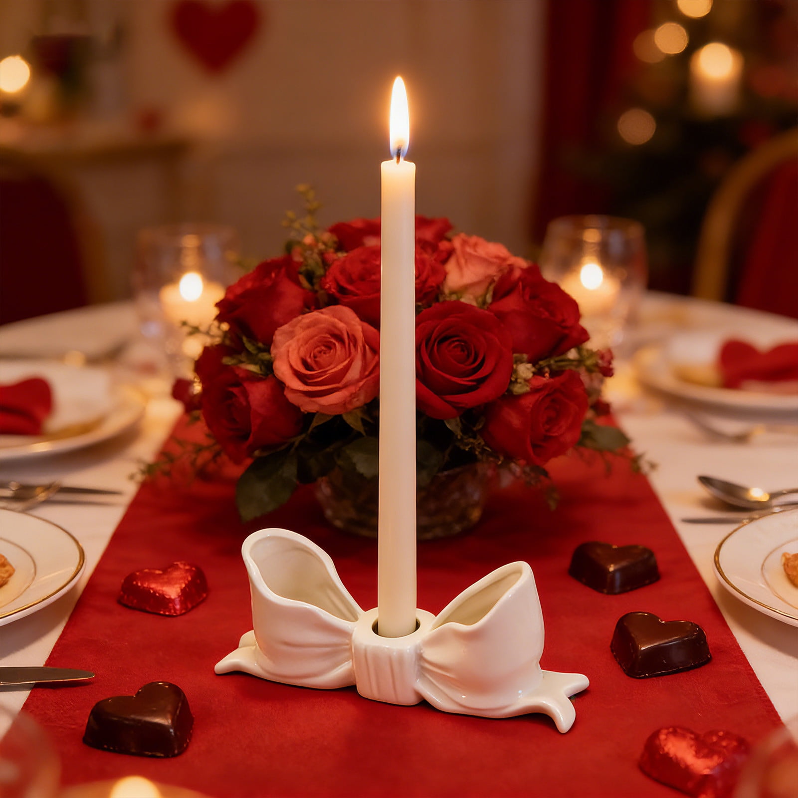 BAOPAI Valentine's Day Ceramic Bow Candlestick with Long Stick Scented