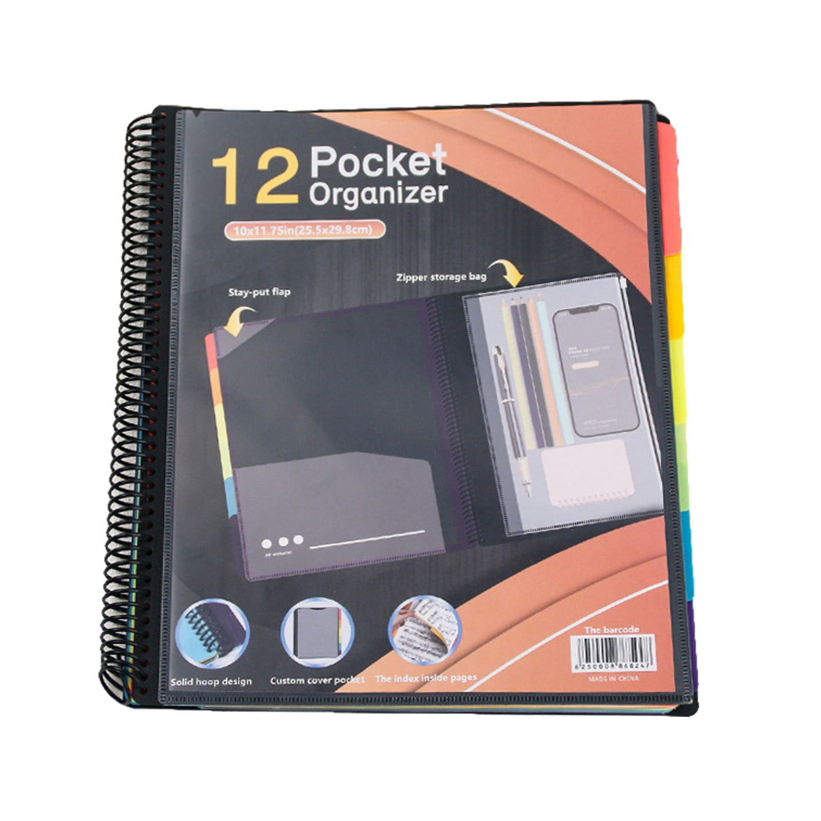 BAOQIN 12 Pocket Poly Project organizer,&nbsp;Spiral Multi Pocket Folder organizer&nbsp;Back Cover Utility Pouch, Letter Size School Supplies （D）