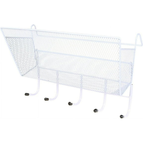 BAOQIN Bed Bedside Hanging Basket, Bedside Shelf for Bunk with Five Hooks for Office College Dorm White