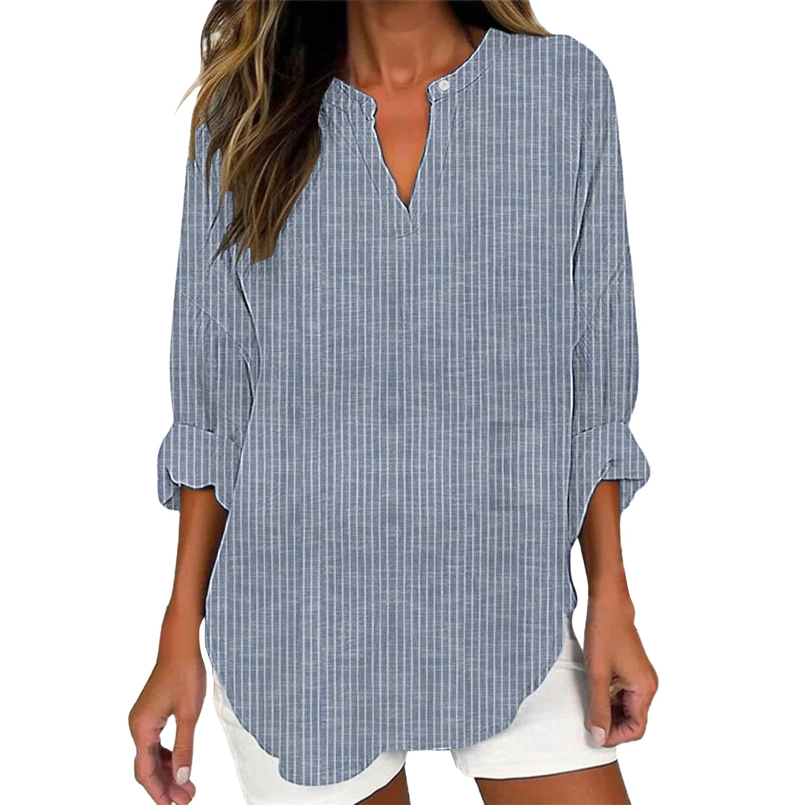 Plus Size Ribbed V-Neck Long Sleeve Blouse