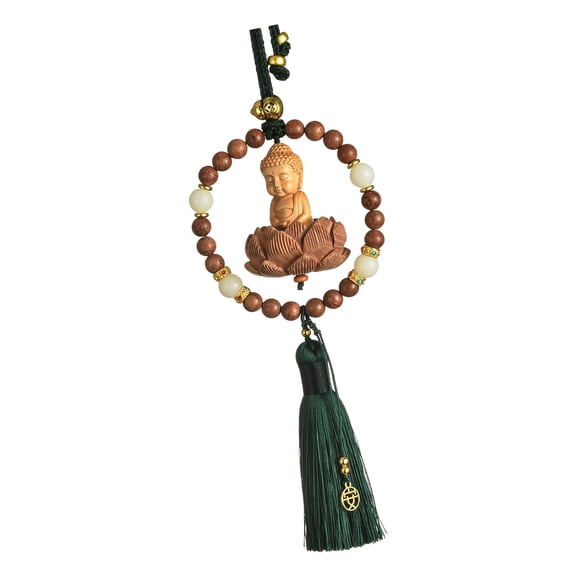 BAOSITY Buddha Statue Car Rearview Mirror Charm Pendant with Tassel Feng Shui Decor Green Spacer Beads