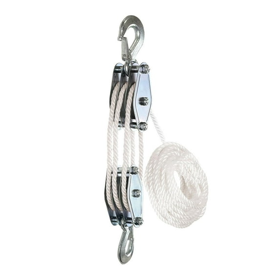 BAOSITY Manual Hand Lift Lifting Pulley Wheel Block and Tackle System 270 Degree Rotating Rope Pulley Hoist Heavy Duty Rope Hoist Pulley 3 wheels 15M white