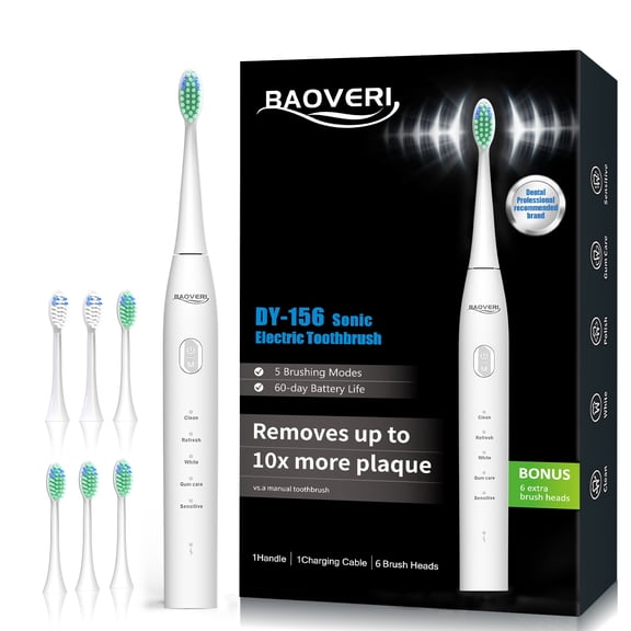 BAOVERI Electric Toothbrush with 8 Brush Heads for Adults&Kids, Ultrasonic Electric Toothbrushes, 5 Modes & 3 Intensity Levels, 2 Minutes Smart Timer, 4 Hours Fast Charge for 60 Days
