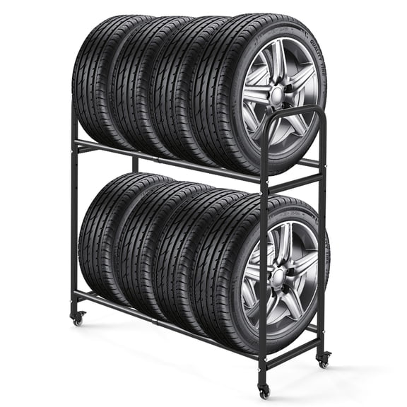 BAOYOUNI 2Tier Mobile Tire Storage Rack, Adjustable HeavyDuty Metal Tire Organizer with Lockable Wheels & Handle for Garage Car Tire Storage, Black