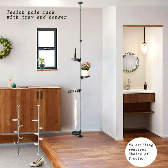 BAOYOUNI 4 Tier Steel Tension Pole Flower Display Rack Space Saver Corner Multiple Functional pole Floral Pot Hanger Black