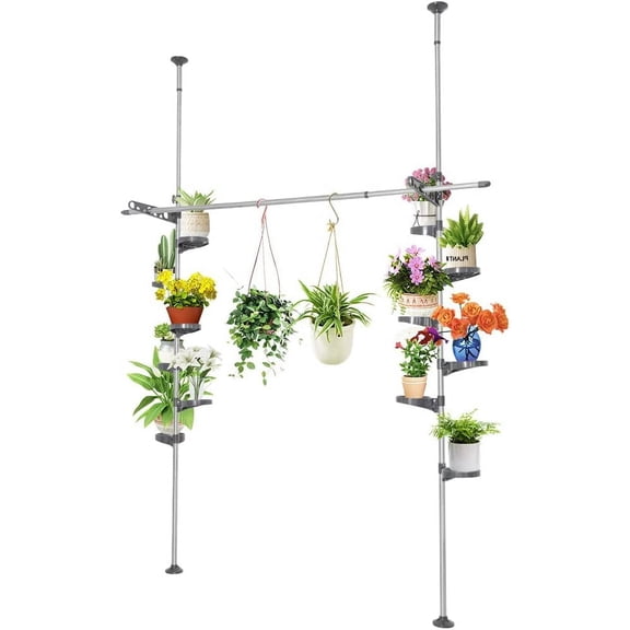 BAOYOUNI Indoor Plant Pole Stand Double Tension Rods Flower Pot Storage Shelf Holders Floor to Ceiling Display Rack Hanger with 12 Trays, 2 Hooks & 1 Telescopic Rod for Clothes Drying, Grey