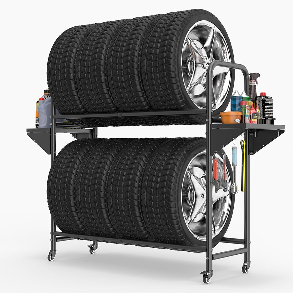 Tyre Storage Racking BAOYOUNI Two‑Tier Rolling Tire Storage Rack, Heavy‑Duty Black Steel ...