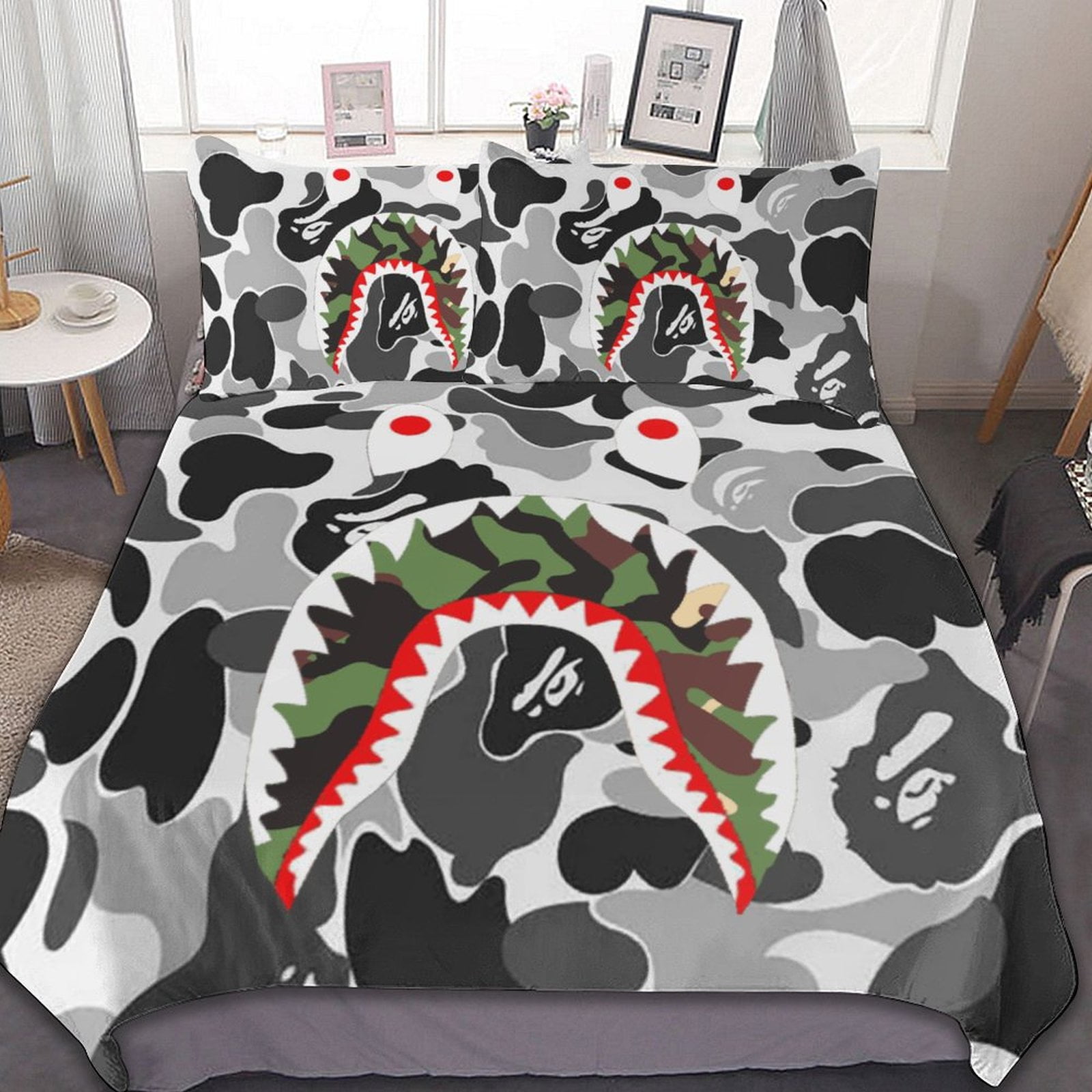 Bape Camo Shark 3-Piece Bedding Set 86 inchx70 inch Duvet Cover & 2 Pillow Shams Set Soft Bed Sheets, Size: 86 x 70, Black