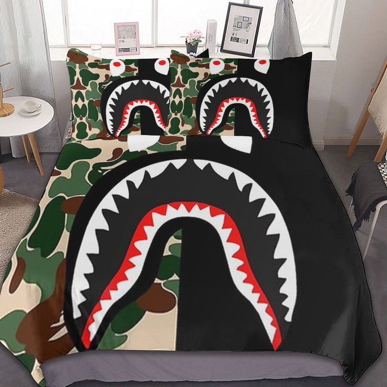 Bape Camo Shark 3-Piece Bedding Set 86 inchx70 inch Duvet Cover & 2 Pillow Shams Set Soft Bed Sheets, Size: 86 x 70, Black